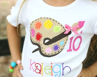 personalized birthday shirt, bright colors paint palette with ribbon and polka dots for art party or painting party