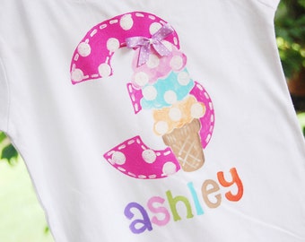 personalized birthday shirt, bright colors ice cream cone with ribbon and polka dots for ice cream social or ice cream sundae birthday party