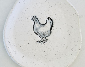 Rustic farmhouse chicken decor, ceramic pottery plate made with white speckled clay, trinket dish, spoon rest, appetizer plate, soap dish