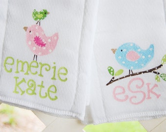 personalized short sleeved bodysuit and matching set of TWO burp cloths with whimsical stacked birds