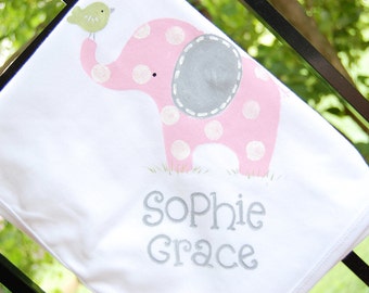 set of 2 personalized baby blankets with pink and gray polka dot elephant, baby gift, baby boy baby girl blanket, personalized baby blanket