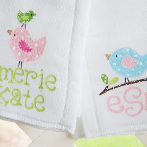 personalized bodysuit with matching burpcloth...whimsical pink and green birds image 3