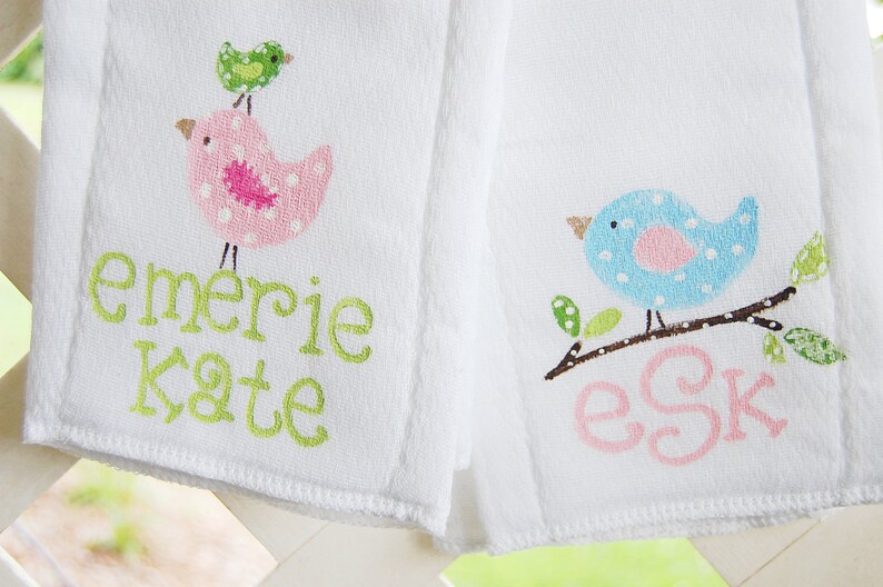 personalized bodysuit with matching burpcloth...whimsical pink and green birds image 3