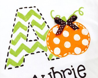personalized bodysuit or tee, pumpkin with polka dots, chevron initial, pumpkin birthday personalized pumpkin tee boy or girl, pumpkin shirt
