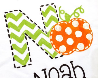 personalized bodysuit or tee, pumpkin with polka dots, chevron initial, pumpkin birthday personalized pumpkin tee boy or girl, pumpkin shirt