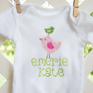 personalized bodysuit with matching burpcloth...whimsical pink and green birds image 2