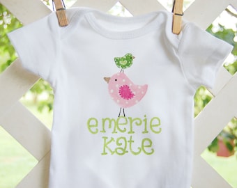 personalized tee or bodysuit with whimsical pink and green birds