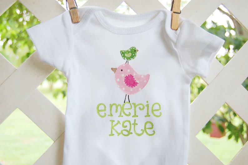 personalized bodysuit with matching burpcloth...whimsical pink and green birds image 2