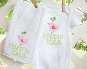 personalized bodysuit with matching burpcloth...whimsical pink and green birds