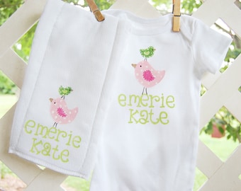 personalized bodysuit with matching burpcloth...whimsical pink and green birds