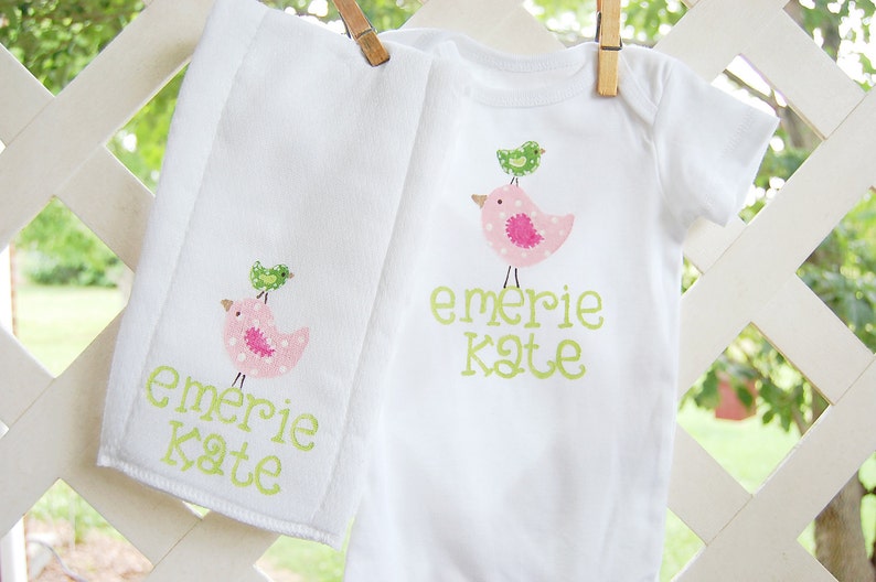 personalized bodysuit with matching burpcloth...whimsical pink and green birds image 1