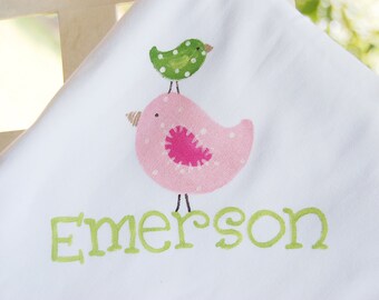 personalized baby blanket with whimsical stacked birdies in pink and green