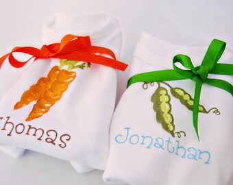 personalized bodysuit or tees for twins... set of 2... peas and carrots for girl or boy