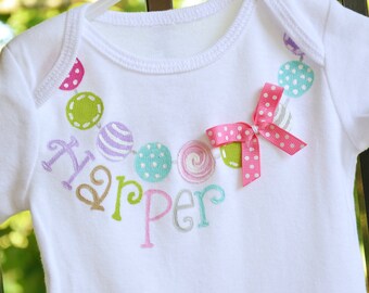 personalized baby outfit with necklace for baby, bright colors, bead necklace with ribbon and polka dots for baby girl, newborn baby gift