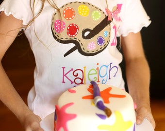 personalized birthday shirt, bright colors paint palette with ribbon and polka dots for art party or painting party