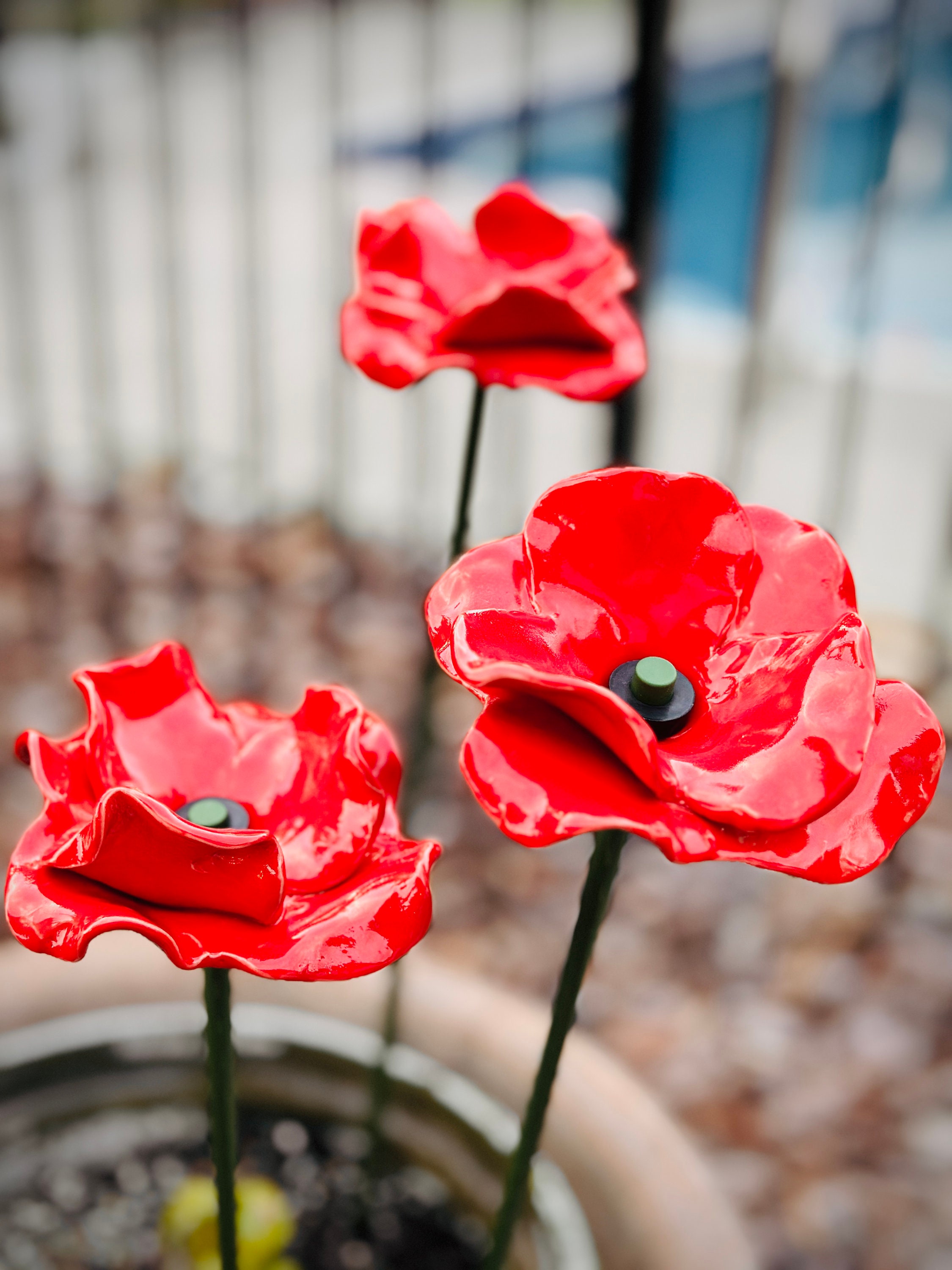Ceramic Poppy Flower, Garden Stakes, Garden Decor, Handmade Gifts