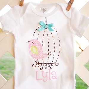 personalized bodysuit or toddler shirt, whimsical bird on birdcage for Easter or spring, makes a great baby gift