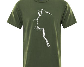 May include: A green t-shirt with a white silhouette of a cat's head.