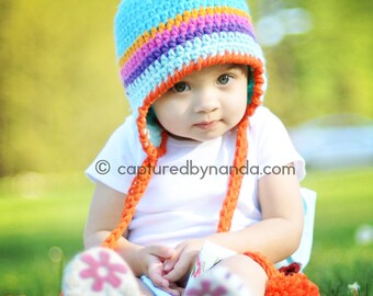 Rainbow Crochet Beanie in Newborn Size Cute Earflap Hat with Pompoms Earflap Toddler Hat in Blue and Orange