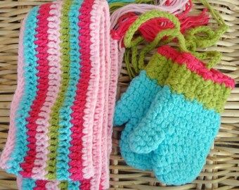 Striped Wrap Around Scarf for Toddler Kids Babies, Crochet Winter - Spring Scarf in Rainbow Colors Pink Blue Green