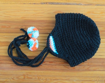 Funky Black Hat with Colorful Pompoms, Black Ear Flap Beanie, Ski Caps for Christmas, Mens Womens Unisex Hat for Winter