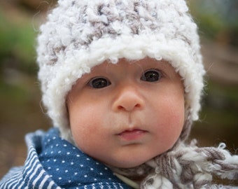 Infant Boy / Girl Neutral Gender Winter Beanie with Straps to Tie Under the Chin,  Winter Baby Shower Birthday  Baptism  Gift