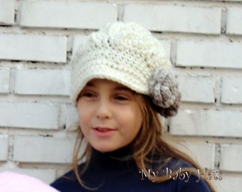 Newsboy Beanie Hat with Big Beige and Light Brown Flowers on the Side, 3-6 Months Visor Beanie, Neutral Color Hat for Baby Girls, Photo Prop