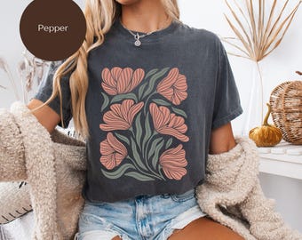 Camisa floral retrô Comfort Colors, camiseta boho botânica
