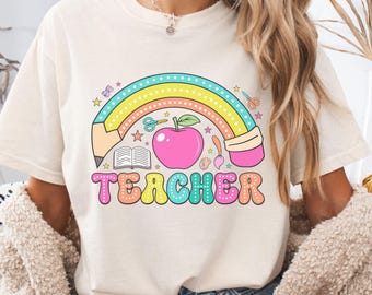 Pencil Rainbow Teacher Shirt, Retro Comfort Colors Tee