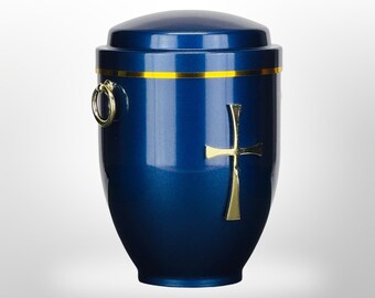 Metal urn in blue with handles and cross