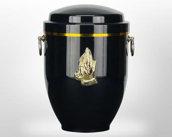 Metal urn in black with handles and hands