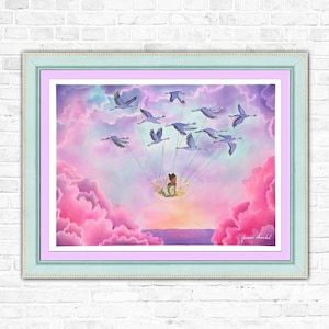 May include: A framed art print featuring a whimsical illustration. A child sits in a woven basket, suspended in the sky and pulled by a flock of blue birds. The background is a vibrant mix of pink, purple, and orange clouds.