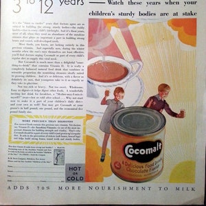 1930 Vintage Cocomalt Ad, great Art Deco drink advertisement with children.  1930s American home life, good kitchen decor item!
