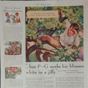 Vintage P- en G-zeepadvertentie uit 1933.  Proctor & Gamble Boy speelt Tarzan in boom Bill Warwick van Lafayette IN, Polly Georgie en Spot at Grandmas