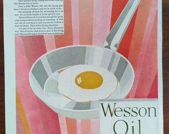 1920s Wesson Oil Ad - Egg Frying In Pan -  Very Art Deco with Great Colors - Pink, Orange, Yellow