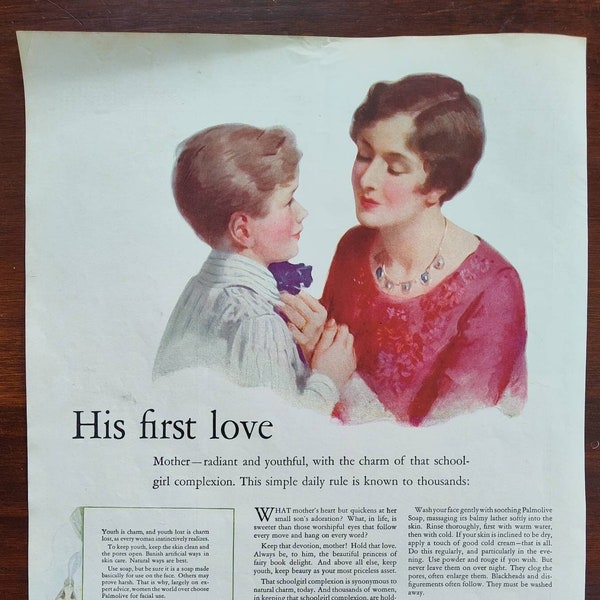 Vintage Ad for Palmolive Complexion Soap - 1928 - His First Love - Small Boy with his Mom - Very cute and perfect for Mother's Day!!