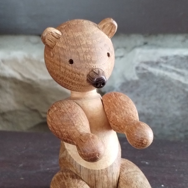 Vintage Kay Bojesen Oso de madera, figura danesa moderna de mediados de siglo marcada Dinamarca, juguete articulado y articulado, oso bebé de 5", ADORABLE!!!