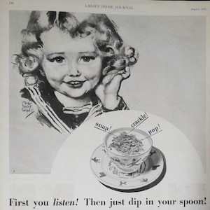 1931 Vintage Rice Krispies Ad Süßes kleines Mädchen von Maud Tousey Fangel - Hören Sie das Snap, Crackle, Pop von Müsli!