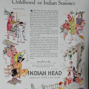 Set of 2 1920s Vintage Indian Head Fabric Ads  - Amory, Browne & Co Boston, MA - 1925 / 1926.  Art Deco scenes Horseback Golf Bridge Sports