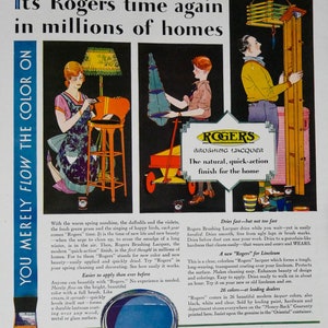 1920s Vintage Ad for Rogers Brushing Lacquer Paint - Oriental / Asian Themed Container - Bright Colors, family repaints items in their home