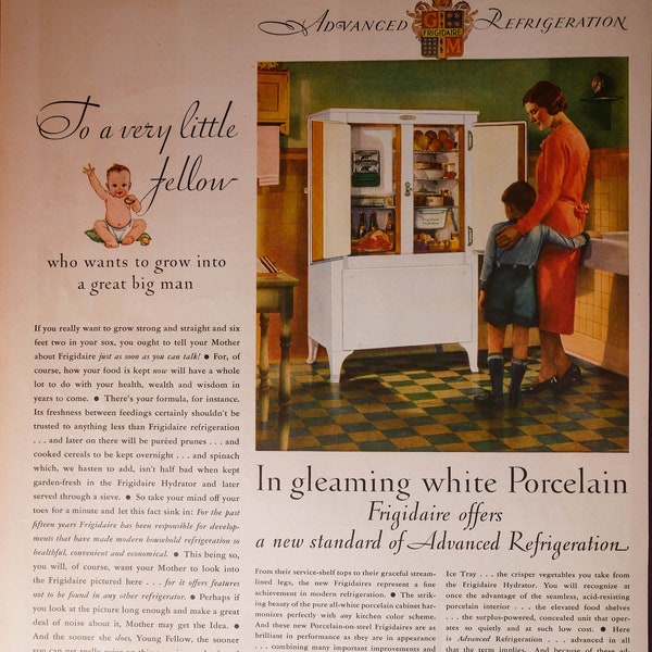 Vintage 1931 Frigidaire Refrigerator Ad - Mother and Son admire Gleaming White Porcelain of  New Fridge - Advanced Refrigeration, Modern
