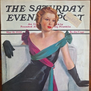 May include: The Saturday Evening Post magazine cover from May 21, 1938, features a woman in a black dress with a teal and burgundy sash. The cover text reads "Yellow Jack Breaks Jail" and "Black Omens".