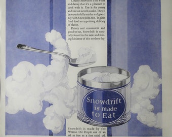 1927 Vintage Snowdrift Shortening Ad - Wesson Oil - Beautiful Blue Graphic with Clouds - &quot;Next Time You Make  A Cake&quot; - Blue and white art