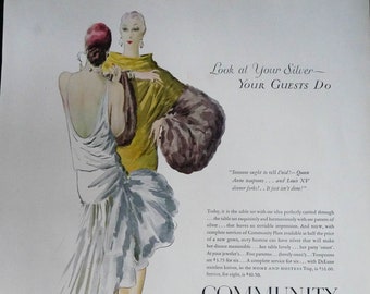 1928 Vintage Oneida Community Plate Silver Ad - Fabulous Art Deco Women in Formal Gowns and Furs - Paul Revere Pattern - Society Gossip