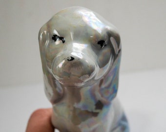 Vintage Mid-Century Ceramic Lusterware Dog with Puppy - White with Opalescence, Very Charming Piece!