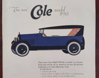 GORGEOUS early 1920s Cole Motor Car Co Ad - Indianapolis IN Company Model 890 Eight Ninety
