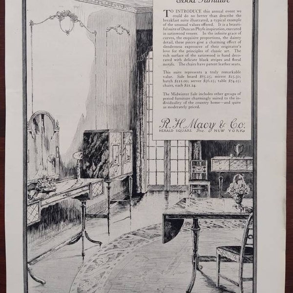 1922 Ad for R.H. Macy and Co, NYC - Macy's Home Furniture and Furnishings - Beautiful Line Drawings of Formal Room - Herald Square