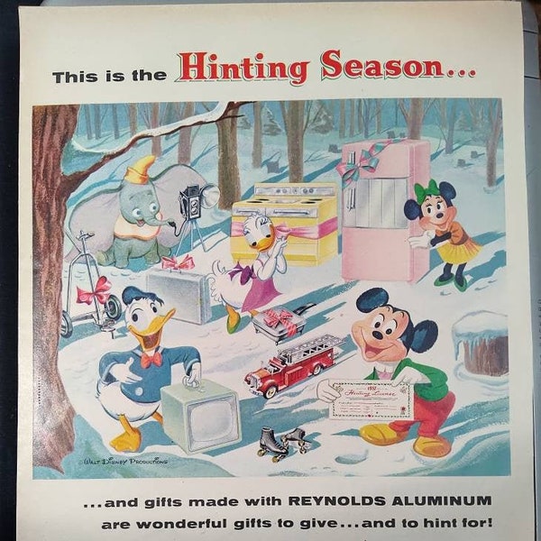 Vintage Ad for Reynolds Aluminum - 1957 Christmas - Walt Disney Characters with toys - Donald and Daisy Duck, Mickey and Minnie and Dumbo