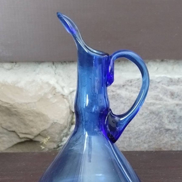 Vintage Miniature Hand Blown Cobalt Blue Glass Pitcher or Decanter - Applied Handle, Smooth Base - Fab Color and Shape!