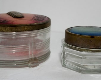 glass Jar vintage Vanity Jar Glass with antique tapestry lid  vintage cream jar